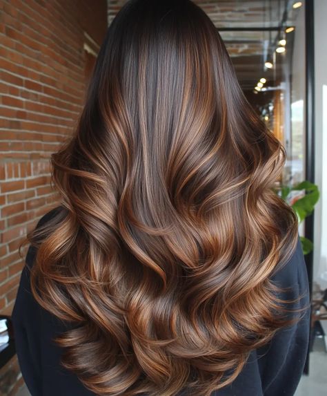 51 Stunning Dark Brown Balayage Hair Color Ideas For Autumn - Hair Trend Guide Dark Chocolate Brown Highlights, Blended Brown Hair, Dark Hair Copper Balayage, Dark With Caramel Highlights, Dark Brown Hair With Light Brown Balayage, Caramel Ombre Hair Color For Brunettes, Auburn Balayage On Black Hair, Dark Caramel Balayage Brunettes, Chocolate Brown Highlights On Dark Hair