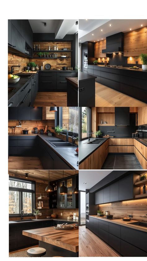 Japandi style natural wood and Matt black 2025 hot trend Japandi Black, Black And Wood Kitchen, Kitchen Collage, Japandi Style Kitchen, Japandi Kitchen, Japandi Style, Black Kitchen, Style Kitchen, Trends 2024