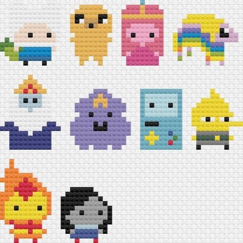 Lumpy Space Princess Pixel Art, Cross Stitch Patterns Adventure Time, Finn And Jake Pixel Art, Cross Stitch Characters, Princess Bubblegum Pixel Art, Adventure Time Pearler Beads, Mini Cross Stitch Patterns Free Charts, Adventure Time Perler Bead Patterns, Minecraft Cross Stitch Pattern