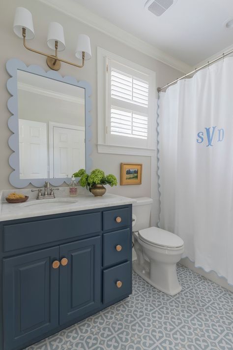 Navy Kids Bathroom, Blue Shower Curtain Ideas, Shower Curtain Hacks, Blue Kids Bathroom, Baby Boy Bathroom, Boy And Girl Shared Bathroom, Boys Bathroom Ideas