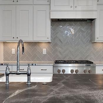 Gray Chevron Kitchen Backsplash Tiles, Transitional, Kitchen Soapstone Island, Kitchen Soapstone, Gray Kitchen Backsplash, Backsplash Herringbone, Soapstone Kitchen, Herringbone Tiles, Herringbone Kitchen, Backsplash With Dark Cabinets, Dark Counters