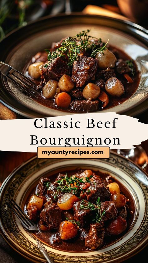 This French Beef Bourguignon Recipe brings a taste of France to your table, featuring melt-in-your-mouth beef in a rich wine sauce. Ideal for fall dinner ideas, it’s a hearty and satisfying dish that’s easy to love. Best Beef Bourguignon Recipe, French Beef Bourguignon, Beef Stew Bourguignon, Easy Beef Bourguignon, Homemade Beef Stew Recipes, French Beef Stew, Fall Dinner Ideas, Beef Bourguignon Recipe, Cozy Dinners