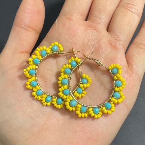 Small Yellow Beaded Hoop Earrings, Yellow Beaded Hoop Earrings, Yellow Dangle Hoop Earrings With Colorful Beads, Handmade Adjustable Yellow Hoop Earrings, Yellow Colorful Beaded Hoop Earrings, Earrings Bead, Golden Hoops, Beach Earrings, Sunflower Earrings