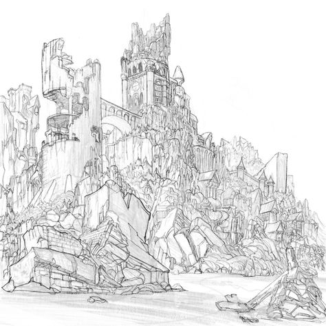 Fantasy City Ruins, City Ruins Art, Pencil Work, Procreate Drawing, Fashion Design Collection, Level Design, Fantasy City, Procreate App, Monster Art