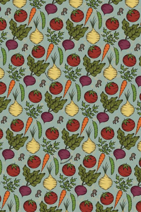 Inspired by the tea towels in your grandma's kitchen. Available on Redbubble! 🍅 Digital illustration, drawn on Procreate. Vintage, textured effect. Onion, tomato, radish, turniip, carrot, mushroom, and green beans / peas/ soy beans. On a gray blue background. #digitalart #botanical #floral #procreate #procreateart #illustration #digitalillustration #colorfulart #vegetables #teatowel #vintageillustration #vintageart #phonecase Mushroom And Green Beans, Veggie Wallpaper, Floral Procreate, Old Cookbooks, Grandma's Kitchen, Soy Beans, Grandmas Kitchen, Vintage Things, 90th Birthday