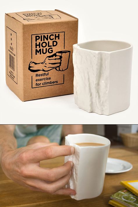 This unique ceramic coffee mug is completely handleless except for the rock face texture on the side that can be gripped with a strong pinch of your fingertips. Climbing Diy Gift, Gifts For Climbers, The Rock Face, Face Texture, Rock Climbing Chalk Bag, Rock Climbing Gifts, Climbing Gifts, Chalk Bags, Rock Face