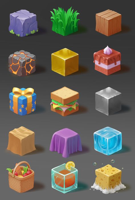 ArtStation - Material study 2 Material Study Digital Painting, 3d Cube Artwork, Drawing Stone, 2d Game Assets, Texture Study, 3d Game Assets, 2.5d Dungeon Tiles, Isometric Cube, Cube Games