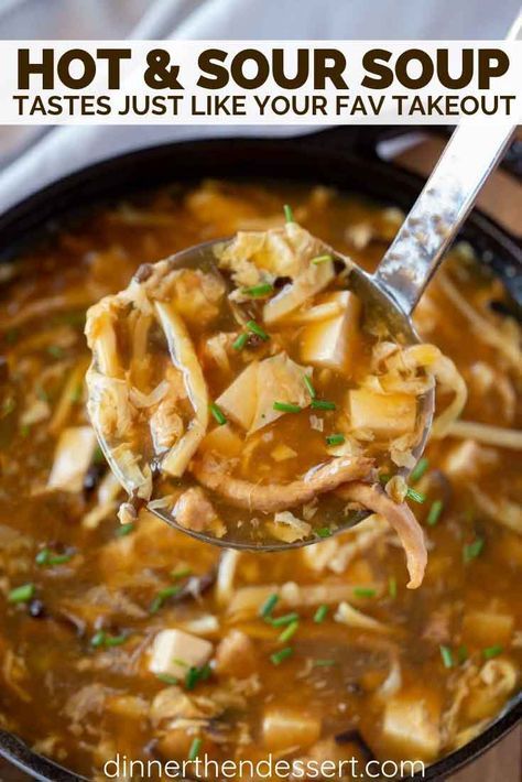 Hot and Sour Soup is the PERFECT combo of spicy and savory, made with pork, mushrooms, bamboo shoots, tofu, and eggs in a savory seasoned broth with soy sauce and vinegar. #chinese #chinesefood #takeout #soup #dinner #recipe #authentic #restaurantstyle #dinnerthendessert Hot And Sour Mushroom Soup, Asian Hot And Sour Soup, Hot And Sour Egg Drop Soup, Authentic Hot And Sour Soup Recipe, Pf Chang Hot And Sour Soup Recipe, Hot And Sour Wonton Soup, Pork Broth Uses, Best Hot And Sour Soup Recipe, Sweet And Sour Soup Chinese