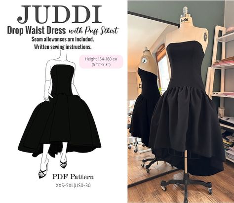 Drop Waist Dress Pattern, Puff Skirt, Drop Waist Skirt, Tulle Underskirt, Drop Waist Dress, Bubble Skirt, Bridesmaid Outfit, Bustier Dress, Fashion Sewing Pattern