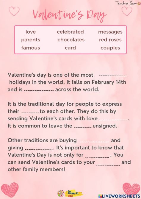 Valentine’s Day Worksheet, Valentines Day Worksheets, Reading Benefits, Valentine Worksheets, English For Students, Teaching Reading Comprehension, Activity Worksheet, English Lessons For Kids, English Activities