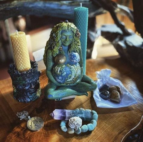 Gaia Altar, Gaia Statue, Earth Sculpture, Earth Mother Goddess, Sacred Space Altar, Mother Earth Art, Te Fiti, Energy Candles, Green Witchcraft