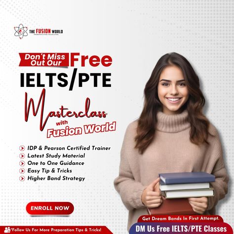 🌟 Unlock your potential with Fusion World's Free IELTS PTE Masterclass! 🚀 Elevate your language skills and open doors to endless opportunities. Don't miss out on this exclusive chance to excel! Join us today and #MasterYourLanguage. 📚🌏 [ielts preparation, ielts coaching, ielts institute, pte preparation, pte coaching, language mastery] Ielts Pte Creative Ads, Ielts Pte Poster, Ielts Social Media Post, Ielts Poster Design, Pte Preparation, Wallpaper Violet, Iphone Wallpaper Violet, Ielts Preparation, Ielts Coaching