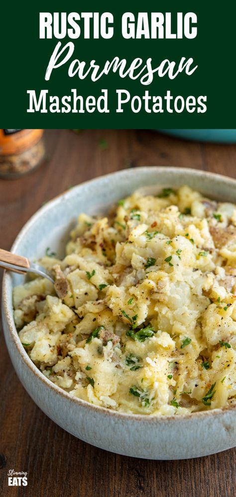 Mashed Potatoes With Skin, Flavored Mashed Potatoes, Garlic Parmesan Mashed Potatoes, Rustic Potatoes, Golden Potatoes, Parmesan Mashed Potatoes, Sw Recipes, Best Mashed Potatoes, Potato Fritters