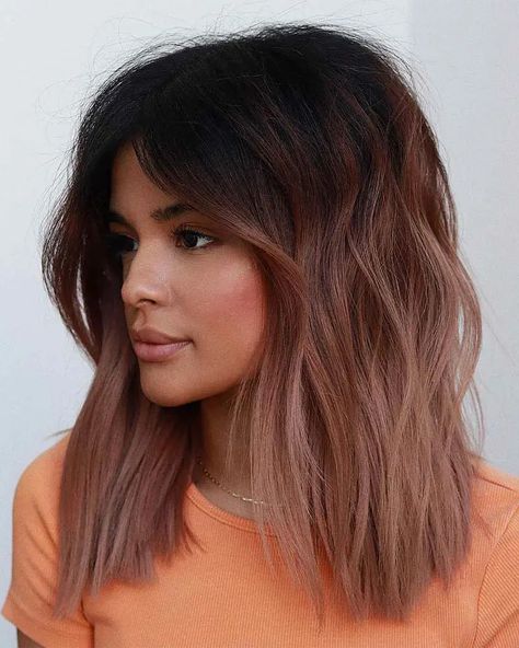 61 Shoulder-Length Hairstyles for Women: Trendy Medium-Length Styles Copper Ombre Short Hair, Ombre Hair Color Copper, Brunette To Red Hair Ombre, Copper Ombré Hair, Root Melt Short Hair, Auburn Color Melt, Copper Shoulder Length Hair, Copper Ombre Hair, Auburn Ombre Hair