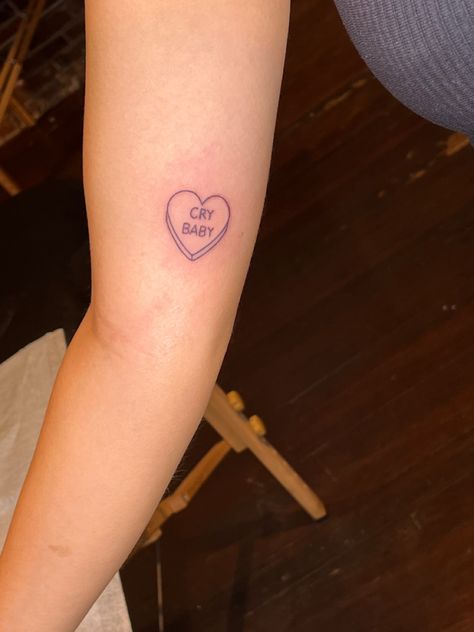 Heart Tattoo Designs Aesthetic, I Heart Me Tattoo, Candy Heart Tattoo Black, Conversation Heart Tattoo Outline, Loveheart Sweets Tattoo, Sweet Tart Heart Tattoo, Bless Your Heart Tattoo, Eat Me Candy Heart Tattoo, Small Melanie Martinez Tattoos