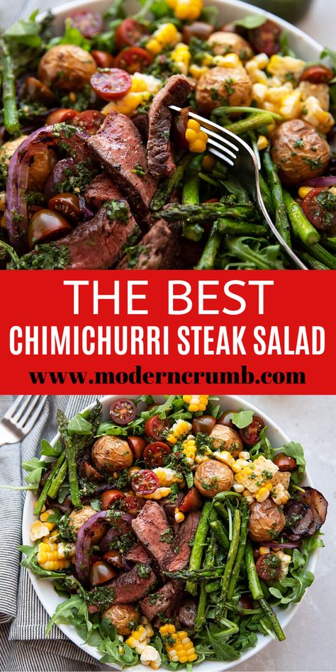 Chimichurri Steak Salad Corn Asparagus, Asparagus Grilled, Steak Salad Recipe, Chimichurri Steak, Potatoes Tomatoes, Tender Steak, Salad Pasta, Chimichurri Sauce, Steak Salad