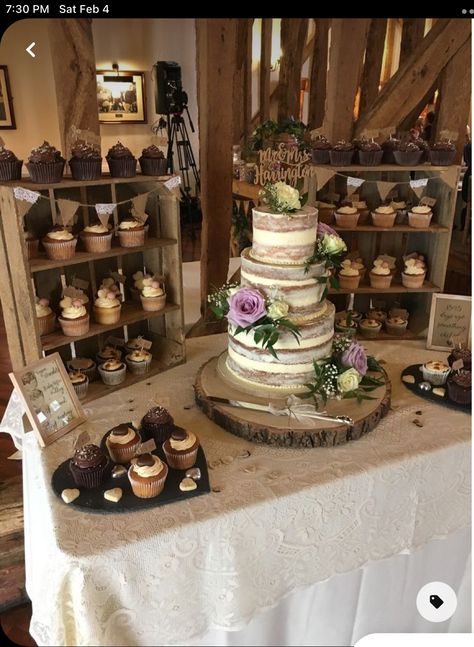 Cupcake Table Wedding Rustic, Rustic Cake With Cupcakes, Rustic Wedding Cake And Dessert Table, Country Wedding Cupcakes Rustic, Cheap Rustic Wedding Decor, Cake And Cupcake Stand Wedding, Rustic Wedding Cake Table Ideas, Sweets Table Set Up Ideas, Modern Romantic Rustic Wedding