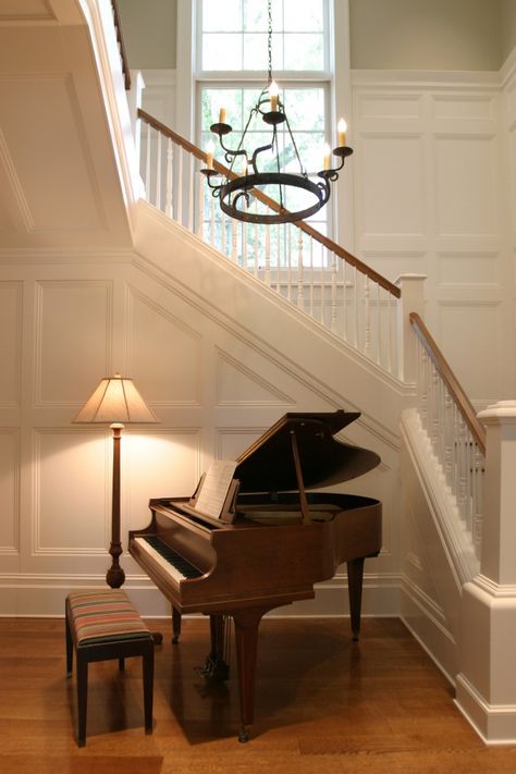 Piano In Entryway, Modern Farmhouse Apartment, Neighborhood Design, Farmhouse Apartment, Stairway Design, Crown Moulding, Design Themes, Grand Piano, Dream Apartment