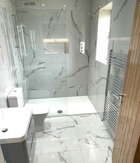 🛁SPLASHING OUT BATHROOMS🛁 on Instagram: “New en-suite installed last week marble tile is a very popular choice at the minute, they have gone for a Verona Spanish tile with a walk…” Marble En Suite Bathroom, Small Marble Shower Room, Marble Tiled Bathrooms Ideas, Small En Suite Shower Room Ideas, Ensuite Bathroom Ideas Master Bedrooms Walk In Shower Walls, Small En Suite Shower Room, Bathroom Ideas Grey Tiles, Small Marble Bathroom, Ensuite Shower Room Ideas