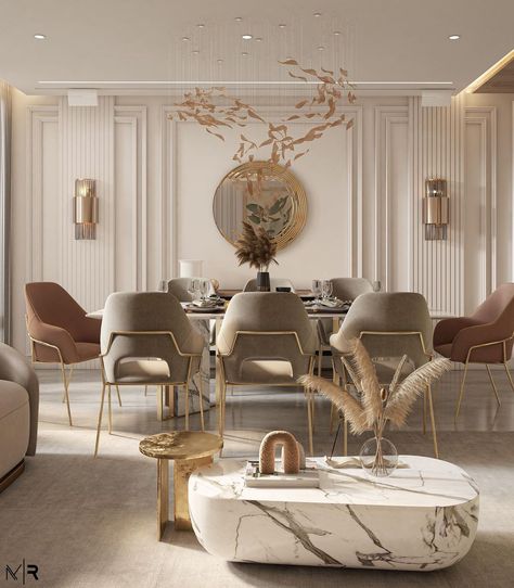 HOME'SOCIETY on Instagram: "Such an amazing dining room! We are in love with the warm colors and elements of this interior 🤎 Design by @moatazreda.designs Get…" Modern Classical Dining Room, Wall Design For Dining Area, Dining Area Wall Design, Dining Area Wall Decor Ideas, Modern Luxury Dining Room, Dining Room Design Modern Luxury, Neo Classical Interiors, Classic Interior Design Luxury, Luxury Dining Room Decor