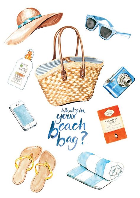 Beach bag contents illustration Beach Life Drawing, Beach Watercolor Illustration, Summer Illustration Art Drawings, Vacation Illustration Art, Summer Beach Illustration, Watercolour Food, Food Portrait, Objects Illustration, Travel Elements