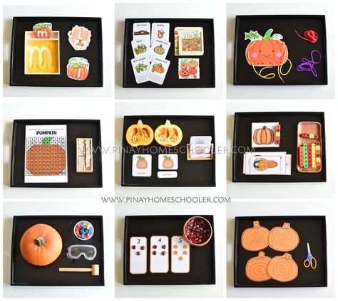 The Pinay Homeschooler: Pumpkin Themed Activity Trays for Kids Halloween Practical Life, October Montessori Shelves, Montessori Pumpkin Activities, Pumpkin Montessori Activities, Montessori Halloween, Earth For Kids, Continents Activities, Pumpkin Unit, Montessori Printables