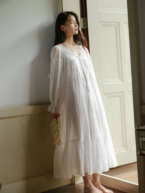 Victorian Nightgown Aesthetic, Vintage Pyjamas, Cute Nightwear, Oc Fashion, Long Sleeve Nightgown, White Frock, Victorian Nightgown, Vintage Pajamas, Cotton Nightgown