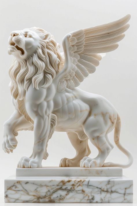 Majestic White Marble Lion with Wings Statue on Podium Statue With Wings, Lion With Wings, Greek Mythology Statue, Styrofoam Art, Animal Taxidermy, Winged Lion, Inspirational Digital Art, Lion Statue, Statue Tattoo