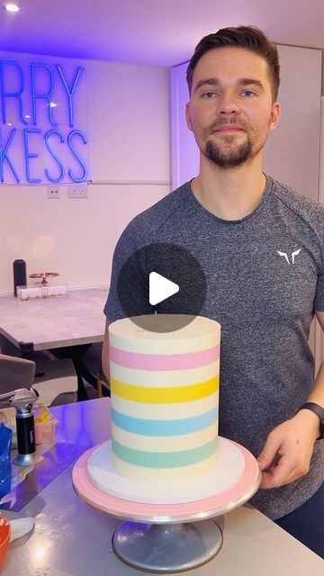 Harry Shakespeare on Instagram: "🌈BUTTERCREAM STRIPES TUTORIAL🌈  Today I’m going to talk you through the process of getting perfect buttercream stripes.  Stripes cakes are all about patience.  Here’s some tips- - make sure your cake it’s fully chilled and set - Use a hot scraper - If your top layer starts to melt, re chill your cake - Trust the process - Focus on areas that need extra attention  These cakes take TIME! There must have been about 15-20 scrapes that you didn’t see in this video.  Let me know what you think! What tutorial should I go through next?  You can get my recipes on my website HarryBakess.com  Colours @. code HARRY10 for 10% off Board @  code HARRY10 for 10% off  #buttercream #buttercreamtutorial #cakerecipe #buttercreamstripes #cakelesson #cakedecorating #buttercrea How To Make A Striped Cake, How To Do Stripes On A Cake, Buttercream Stripes On Cake, How To Make Stripes On Cake, 2 Tier Rainbow Cake, Striped Cake Tutorial, New Trend Cake Design, Striped Birthday Cake, Striped Cakes