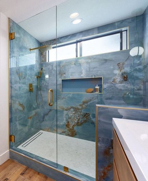 Blue Porcelain Bathroom, Large Blue Shower Tile, Blue Porcelain Tile Bathroom, Blue Onyx Bathroom, Blue Marble Bathroom, Large Tile Bathroom, Blue Shower Tile, River House Decor, Home Spa Room