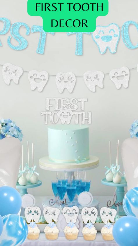 First Tooth Cake Boy, Baby First Tooth Party Ideas, First Tooth Decoration Ideas, 1st Birthday Party Decorations, First Tooth, Birthday Supplies, One Year Old, Baby Milestones, Foil Balloons