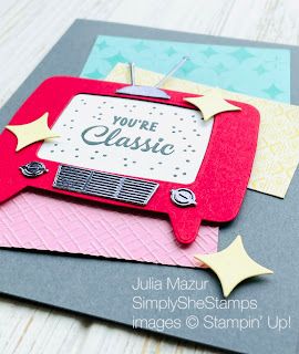 Fun retro card made with the Tune In Bundle and colors inspired by mid-century diners! Stampin Up Tune In Cards, Tune In Stampin Up Cards, Background Designer, Pink Texture, Out Of Nowhere, Product List, Specialty Paper, Basic Grey, Embossing Folders