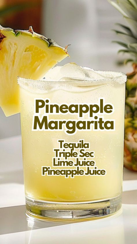 The Pineapple Margarita is a sweet, tangy cocktail that blends pineapple juice, lime juice, orange liqueur, and tequila. This tropical drink is a smooth twist on the traditional margarita, perfect for bringing a taste of refreshment. #pineapplemargarita Orange Drink Recipes, Pineapple Juice Cocktails, Mixed Drinks Alcoholic, Pineapple Cocktails, Pineapple Margarita Recipe, Tequila Mixed Drinks, Tequila Drinks Recipes, Summer Drinks Alcohol Recipes, Bartender Drinks Recipes