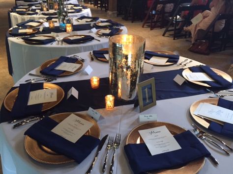 Rental: Navy Blue Polyester Napkins (150 in stock)- Check out our gold beaded chargers! Birthday Diner, Blue And White Table Setting, Navy Table Runner, Blue Table Settings, Gold Table Setting, Gold Charger Plate, Gold Silverware, 21 Diner, Bar Mitzva