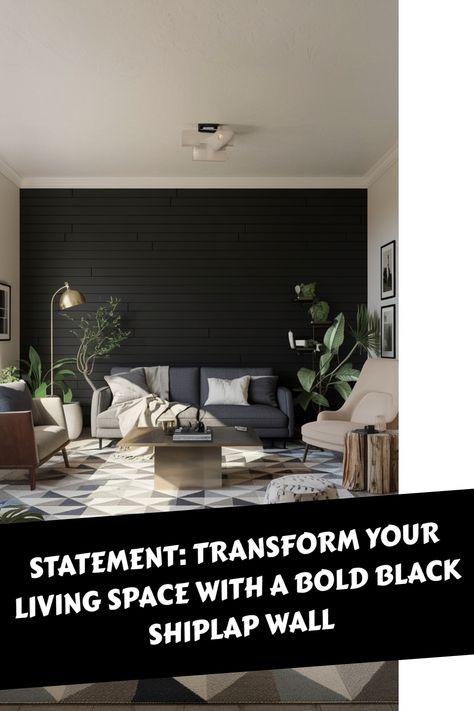 Modern living room with a bold black shiplap accent wall, gray couch, plants, and geometric-patterned rug. Black Shiplap Wall Office, Black Shiplap Wall Living Room, Shiplap Wall Living Room, Black Shiplap Wall, Black Accent Wall Living Room, Modern Shelf Decor, Shiplap Wall Ideas, Black Shiplap, Black Accent Wall