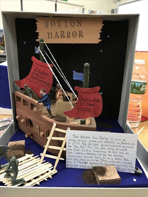 Boston tea party Boston Tea Party Diorama, Boston Tea Party Project, History Diorama, American Revolution Projects, Johnny Tremain, American History Projects, Tea Party Crafts, Teaching Art Elementary, Boston Tea Party