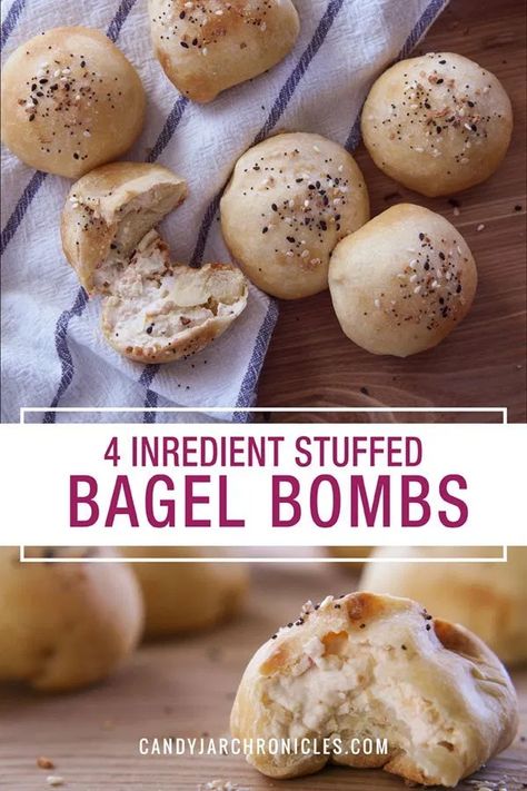 Four Ingredient Stuffed Bagel Bombs Flavoured Cream Cheese, Easy Quick Breakfast, Bagel Bites Recipe, Bagel Recipes, Cheese Bagels, Bagel Bites, Bagel Cream Cheese, Break Fast, Homemade Bagels