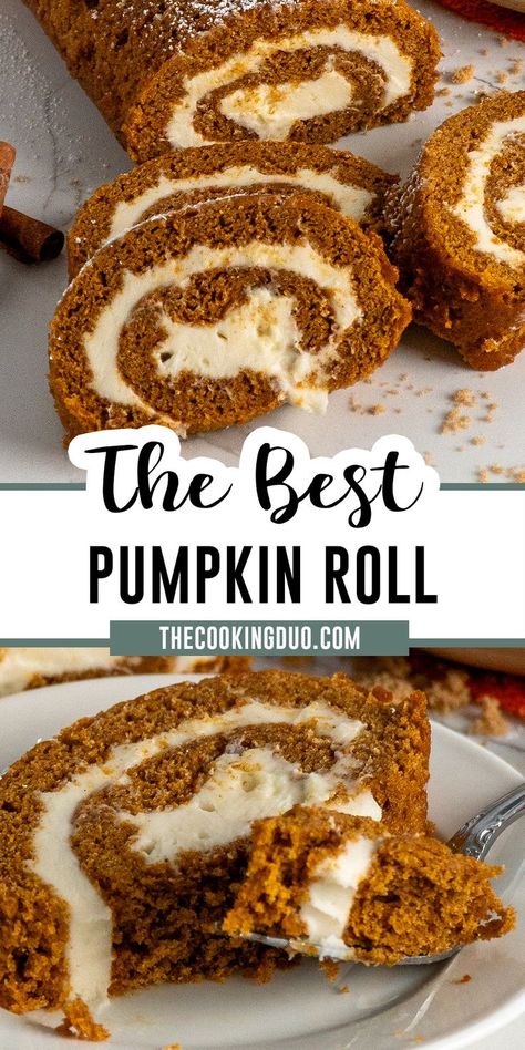 Close-up of pumpkin roll on a plate and white counter. No Bake Pumpkin Cheesecake Bars, Pumpkin Cream Cheese Roll, Pumpkin Roll Recipe, Pumpkin Rolls Recipe, No Bake Pumpkin, Pumpkin Cheesecake Bars, No Bake Pumpkin Cheesecake, Cake Roll Recipes, Pumpkin Roll