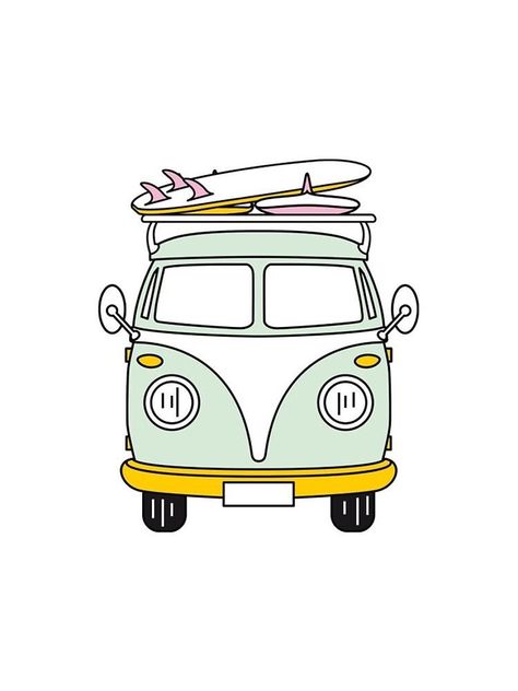 Transportation Doodle, Doodle Cars, Beachy Doodles, Van Drawing, Surf Drawing, Surfboard Stickers, Vw Art, Surfboard Art, Hippie Van