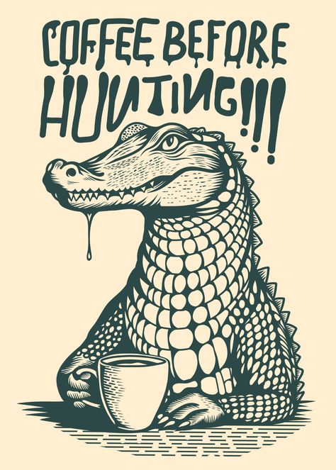 Line art portrait of crocodile drinking a cup of coffee.  #coffee #espresso #latte #cappuccino #crocodile #reptile #parody Crocodile Illustration, Line Art Portrait, Line Art Illustration, Coffee Espresso, Print Ideas, Coffee Tshirt, Crocodiles, A Cup Of Coffee, Coffee Coffee