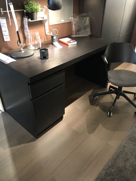 IKEA Desk $180 Ikea Black Desk, Black Desk Room Ideas, Malm Desk Setup, Ikea Desk Black, Black Ikea Desk, Ikea Malm Desk, Ikea Micke Desk, Black Desk Office, Micke Desk