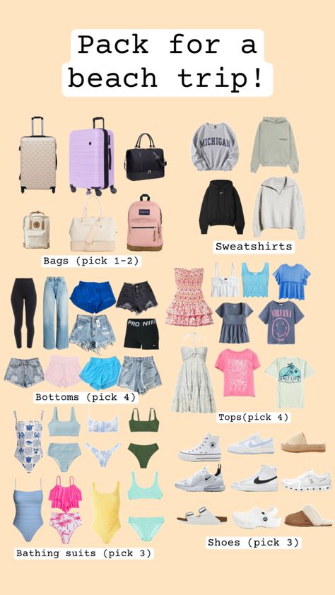 Pack for a beach trip! I made another one a few months ago but this one I feel is better. What To Pack For 3 Day Beach Trip, Honeymoon Bag Packing Lists, Packing For A Two Week Trip, Stuff To Pack For The Beach, Trip To Florida Packing Lists, What Clothes To Pack For Vacation, What To Pack For Vacation Preppy, What To Pack For A 4 Day Beach Trip, Beach Week Packing List