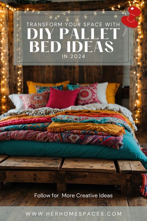 A beautifully designed DIY pallet bed featuring a unique bed frame and headboard, showcasing creative and stylish solutions for transforming your space. Milk Crate Bed Frame Queen, Pallet Daybed Diy, Palette Daybed, Queen Size Pallet Bed Frame Diy, Diy Wood Bed Frame, Palette Bed Frame, Cinder Block Bed Frame, Diy Pallet Bed Ideas, Diy Queen Bed Frame