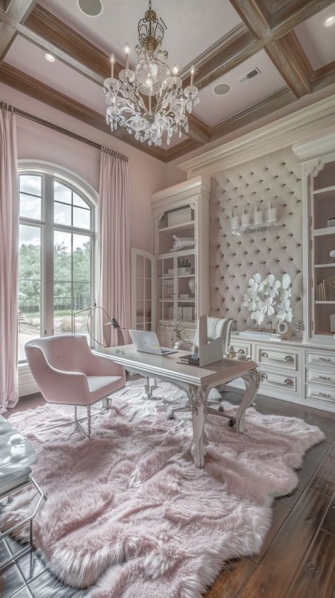 Pink Office Aesthetic, Pink Office Design, Fancy Interior Design, Pink Home Offices, Mediterranean Style Interior, Coquette Office, Pink Interior Design, Office Update, Fall Bedroom Ideas