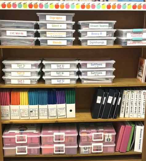 Want ideas for how to organize all of your phonics materials? This blog post shows pictrures and provides links to help you with your phonics storage. Literacy Coach Office, Phonics Interventions, Intervention Classroom, Literacy Intervention, Phonics Centers, Reading Tutoring, Classroom Anchor Charts, Phonics Instruction, Class Organization