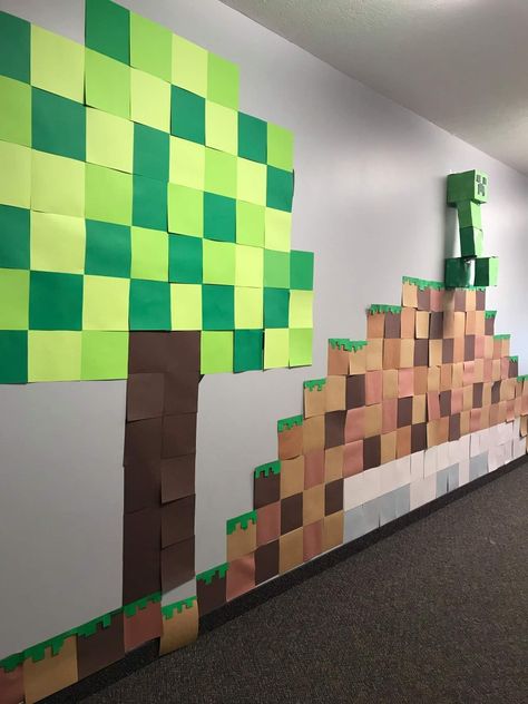 Minecraft Themed Classroom, Board Games Decor, Minecraft School Ideas Classroom, Video Game Classroom Decor, Board Game Theme Decorations, Minecraft Classroom Decorations, Minecraft Classroom Ideas, Mario Hallway Theme, Minecraft Bulletin Board Ideas