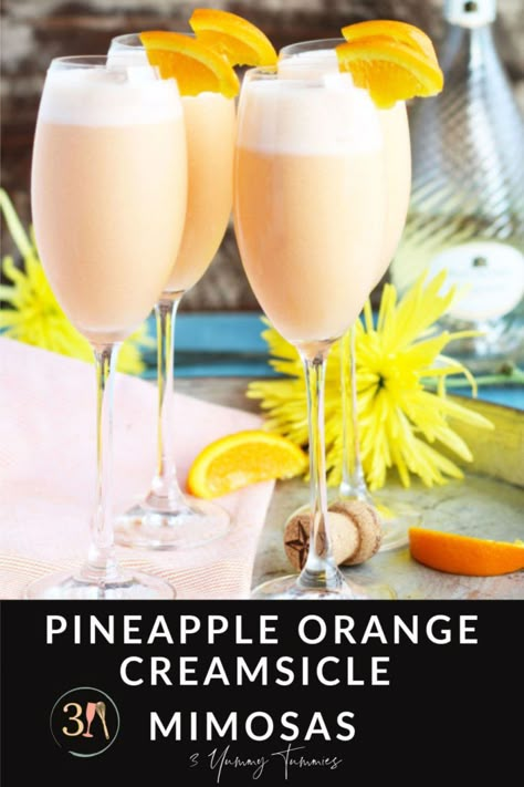 These Pineapple Orange Creamsicle Mimosas are an ethereal blend of pineapple juice, orange sherbet and sparkling Moscato.  Only 3 ingredients transforms the basic mimosas into a creamy, dreamy combination that will wow your guests at your next brunch. Mimosas Recipe, Creamsicle Mimosa, Hugo Cocktail, Easy Fruit Pizza, Frozen Peaches, Orange Sherbert, Mimosa Recipe, Chocolate Martini, Orange Sherbet