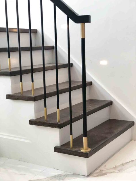 HMH Architectural Metal and Glass - Brass railings for home Baluster Ideas, Brass Shelving, Black Railing, Metal Stair Railing, Glass Partition Wall, Stair Balusters, Staircase Railing Design, Iron Stair Railing, Stair Railings