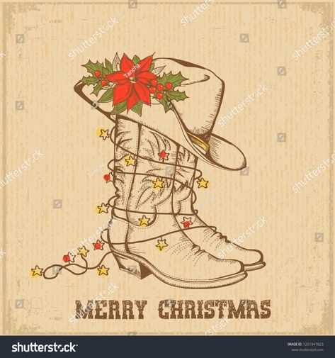 Western Christmas Drawings, Western Christmas Painting, Christmas Cowboy Boots, Western Christmas Wallpaper, Cowboy Christmas Cards, Western Christmas Cards, Country Christmas Cards, Christmas Cowboy Hat, Arizona Christmas