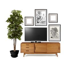 Decor By Tv Stand, Tv Wall With Artwork, Off Center Tv Gallery Wall, Mirror On Tv Wall, Plant Next To Tv Stand, Long Black Tv Console, West Elm Tv Console, Plant Beside Tv, West Elm Tv Stand